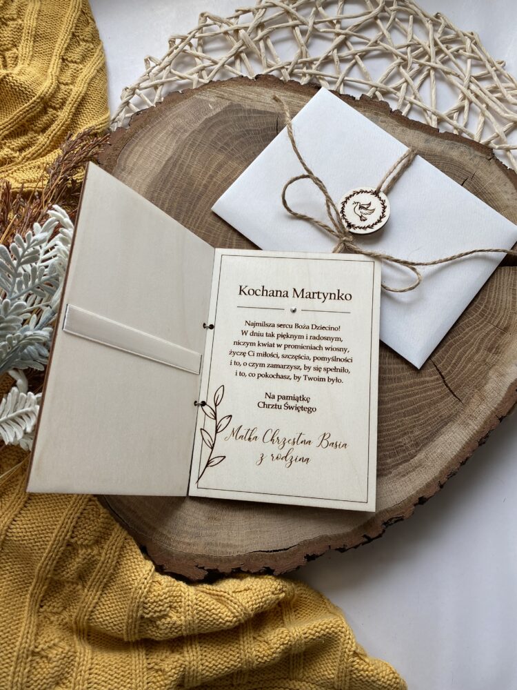 Pamiątka Chrztu Świętego Kartka z życzeniami listki drewniana - obrazek 3