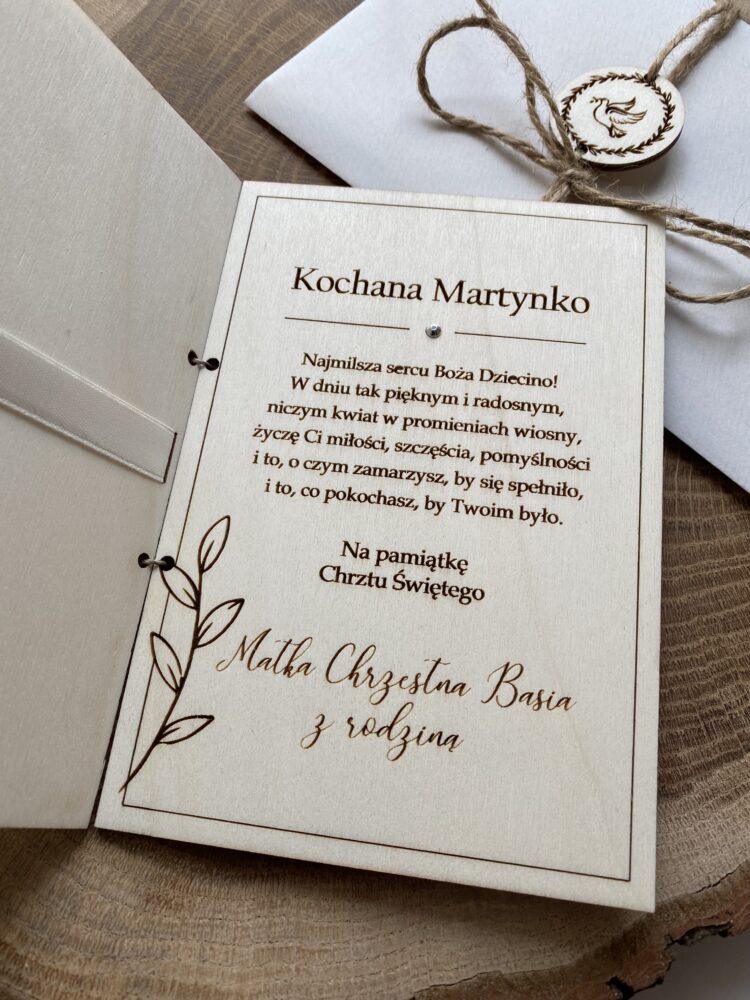 Pamiątka Chrztu Świętego Kartka z życzeniami listki drewniana - obrazek 4