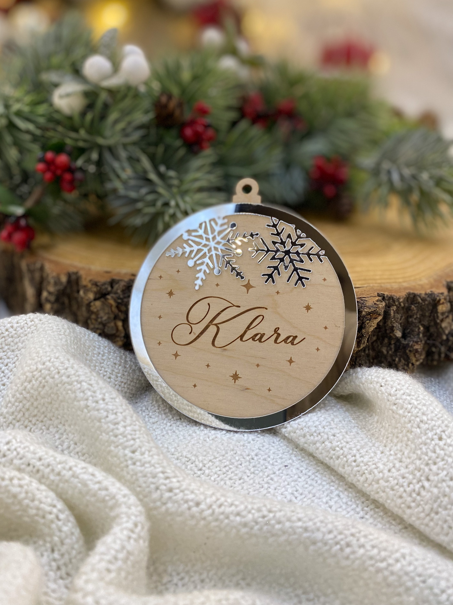 Świąteczna bombka drewniana z imieniem Śnieżynki Boże Narodzenie #lustro