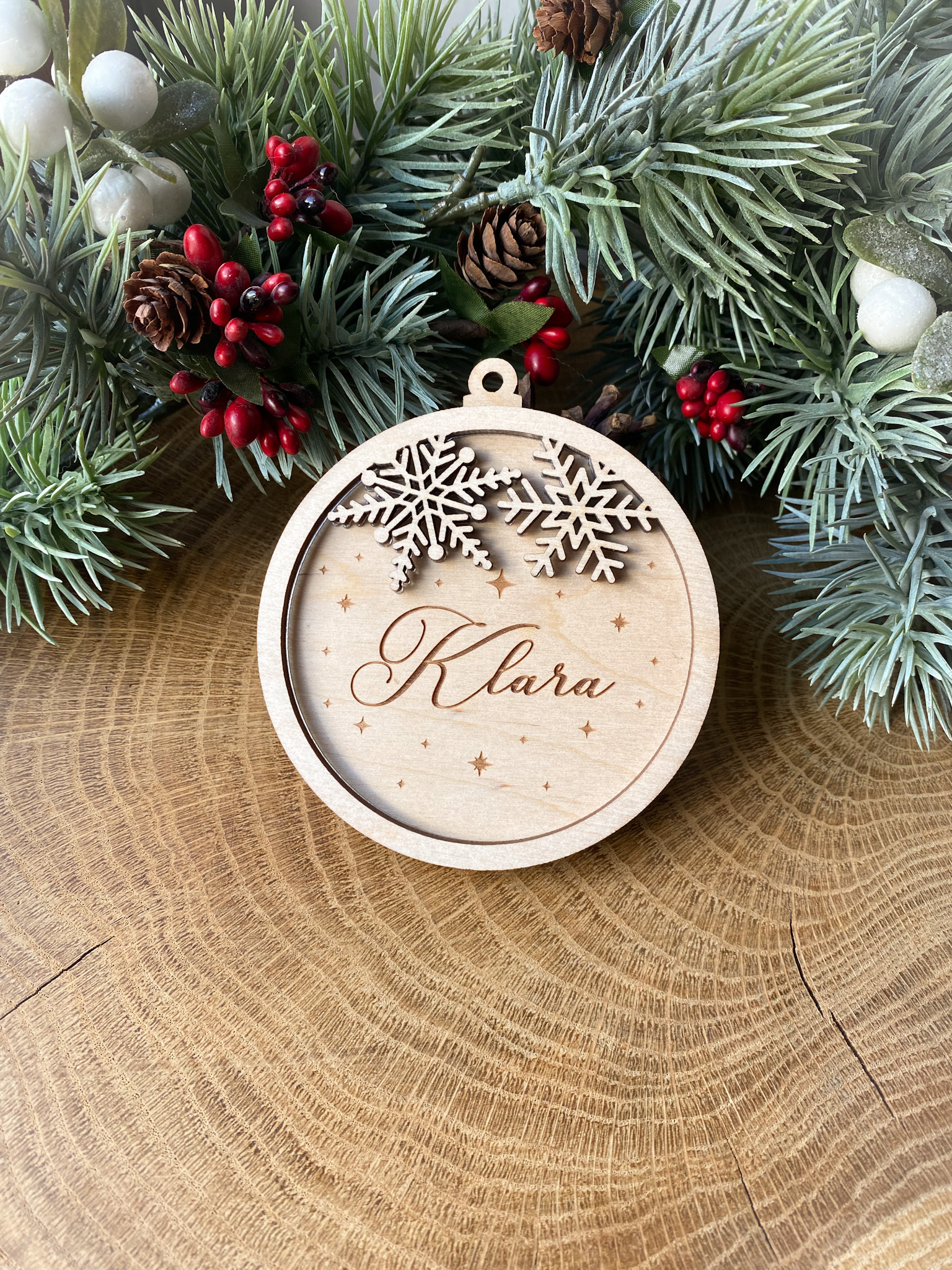 Świąteczna bombka drewniana z imieniem Śnieżynki Boże Narodzenie #sklejka