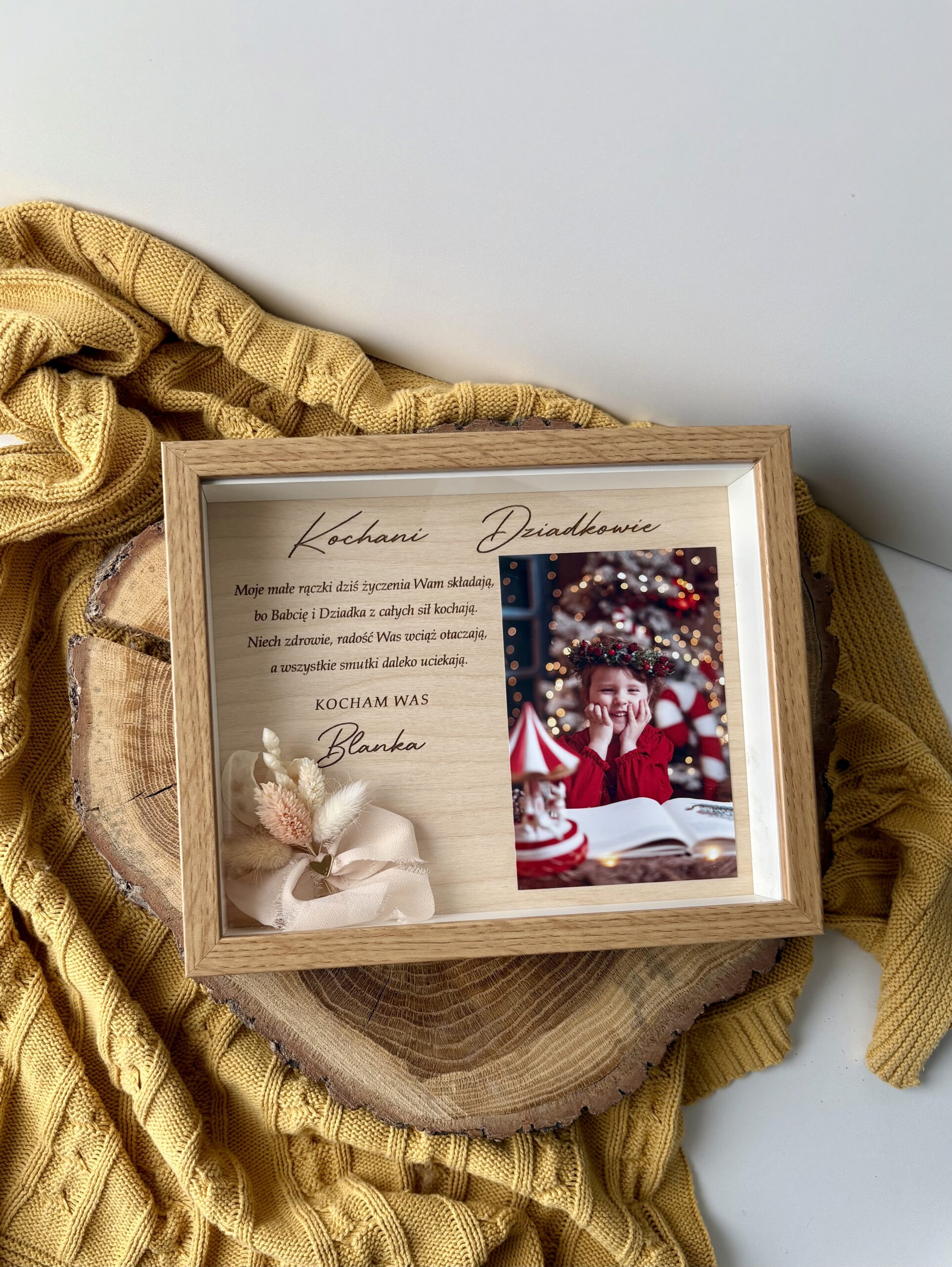 Ramka 3D suszone kwiaty z życzeniami i zdjęciem na dzień babci i dziadka