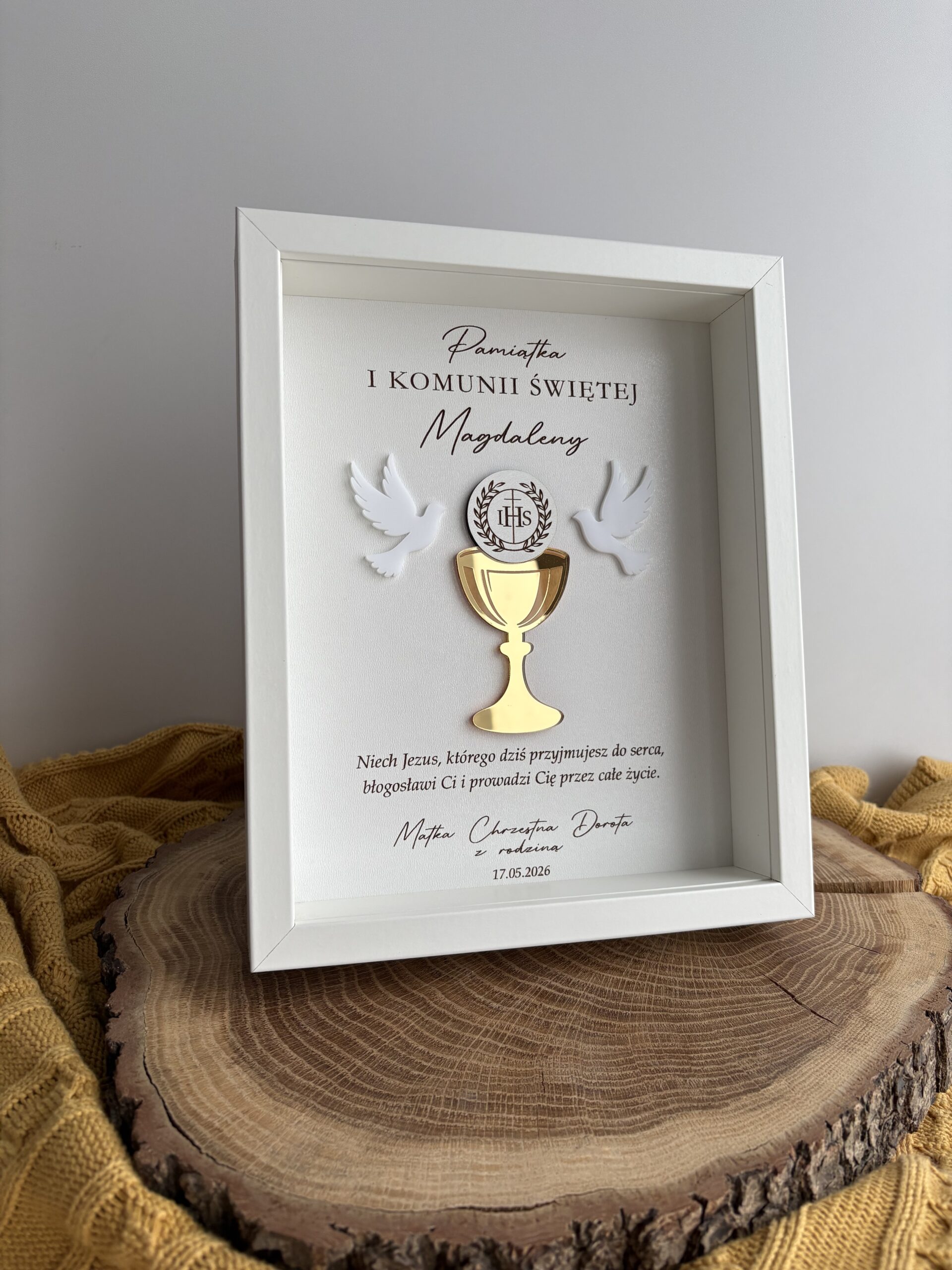Pamiątka Pierwszej Komunii Świętej Ramka 3D Kielich IHS z życzeniami